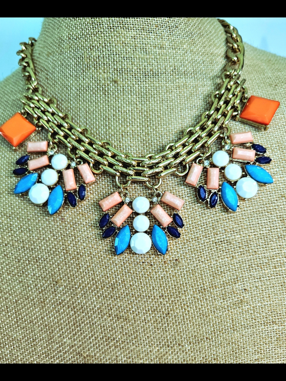 Gold Chain Statement Necklace with Turquoise, Coral, Pink, White, Navy Accents